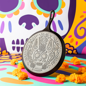 10.5 Inch Seasoned Cast Iron Xolo Sugar Skull Griddle